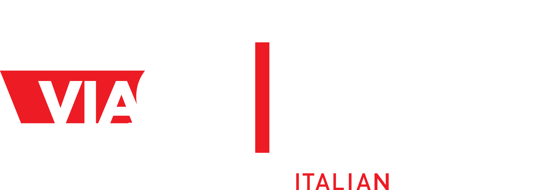 VIA CIBO logo with bold white CIBO letters, red vertical bar replacing the I, red trapezoid with white VIA, and small text "ITALIAN STREET FOOD" beneath.