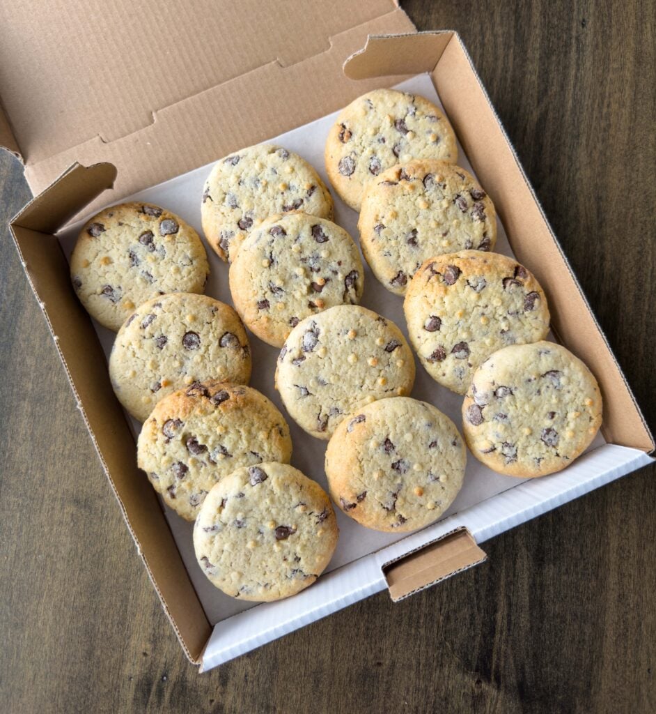 Chocolate chip cookies in a catering box