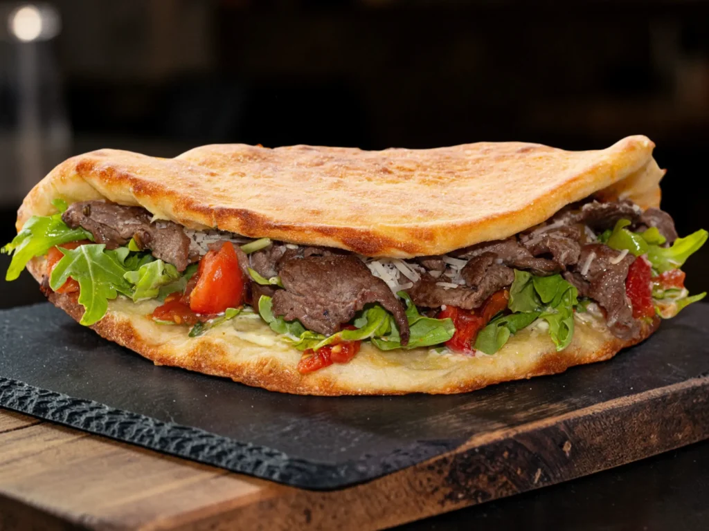 Flatbread sandwich filled with sliced grilled steak, arugula, roasted tomatoes and shaved cheese on a slate board